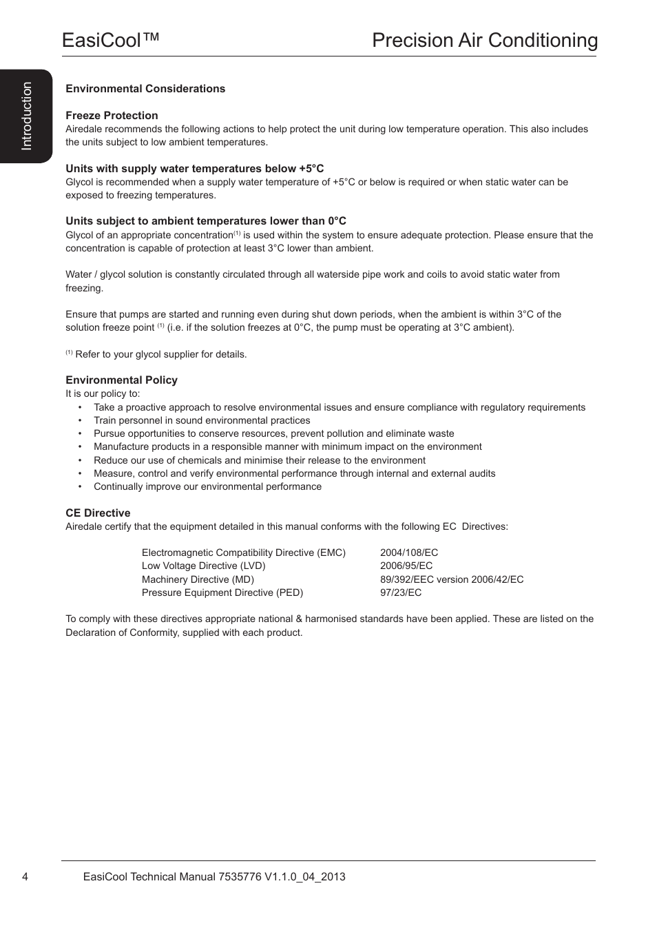Environmental considerations, Freeze protection, Environmental policy | Easicool™ precision air conditioning, Introduction | Airedale EasiCool 6kW  64kW User Manual | Page 4 / 196