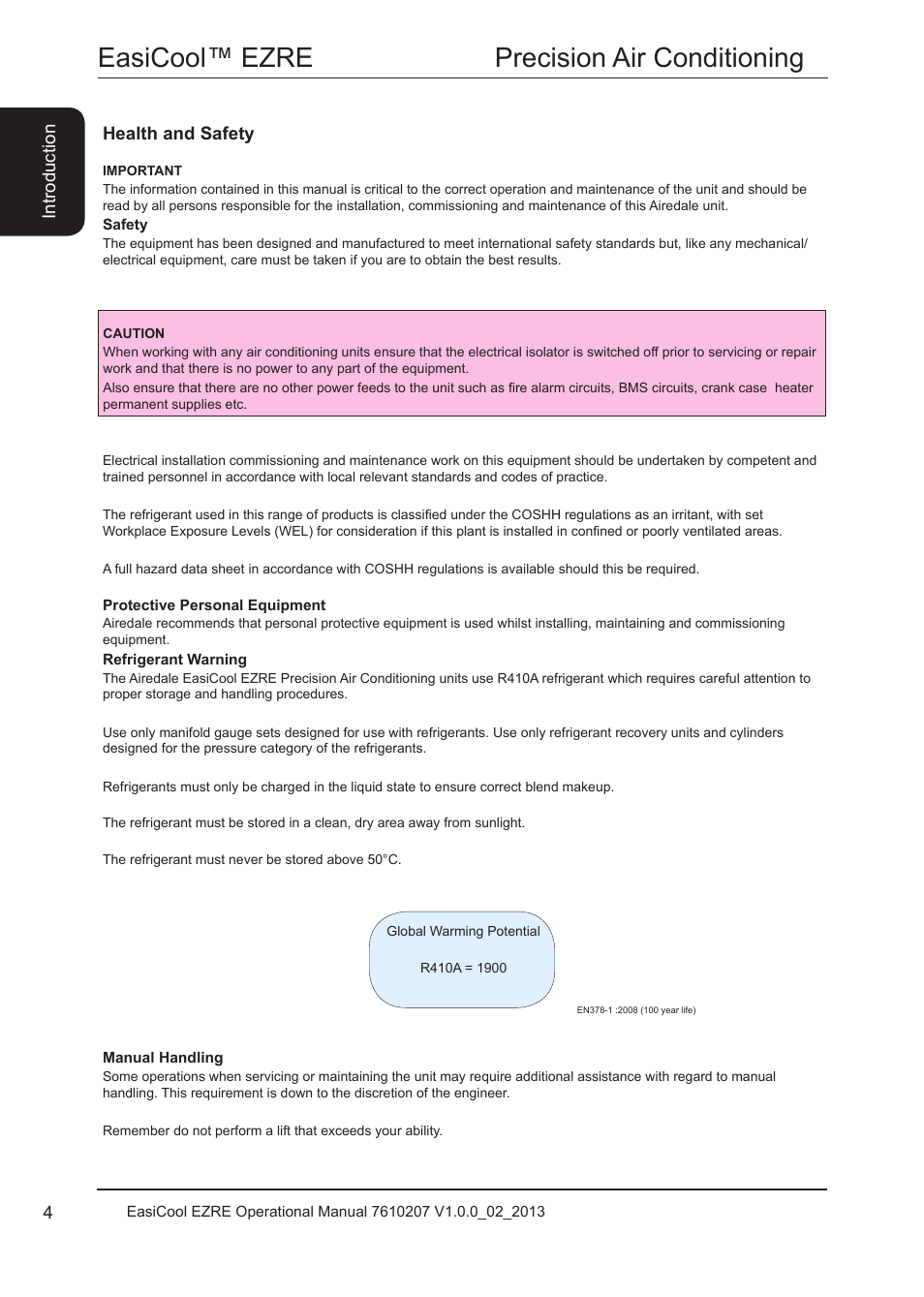 Health and safety, Safety, Protective personal equipment | Refrigerant warning, Manual handling, Easicool™ ezre precision air conditioning | Airedale EasiCool 6kW  64kW User Manual | Page 4 / 34