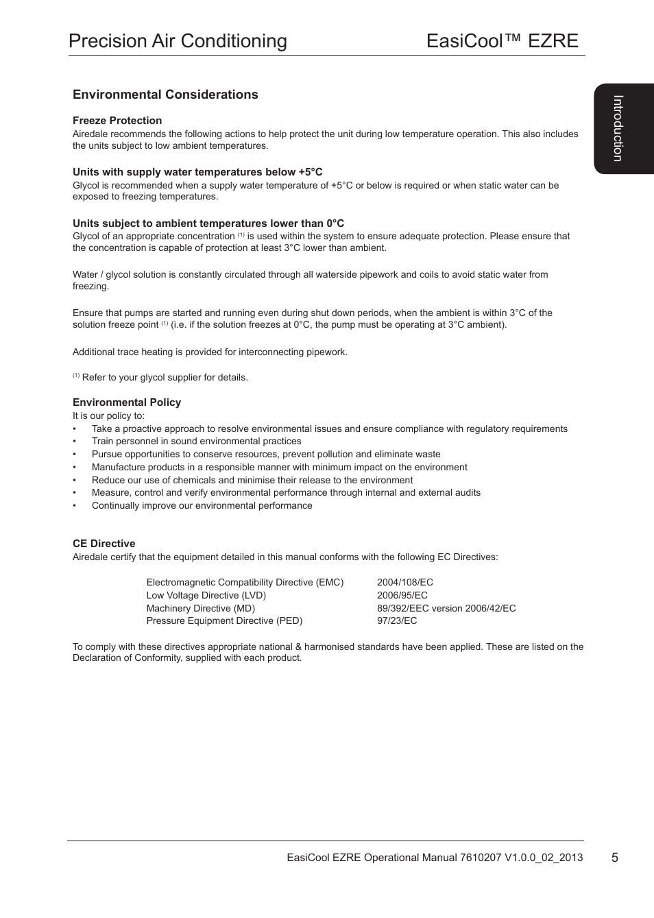 Environmental considerations, Environmental policy, Precision air conditioning easicool™ ezre | Introduction | Airedale EasiCool 6kW  64kW User Manual | Page 5 / 34