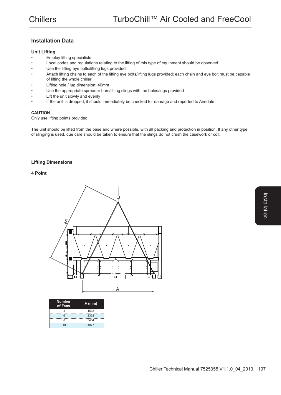 Unit lifting, Lifting dimensions, Chillers turbochill™ air cooled and freecool | Installation data | Airedale TurboChill FreeCool 200kW - 1830kW User Manual | Page 107 / 144