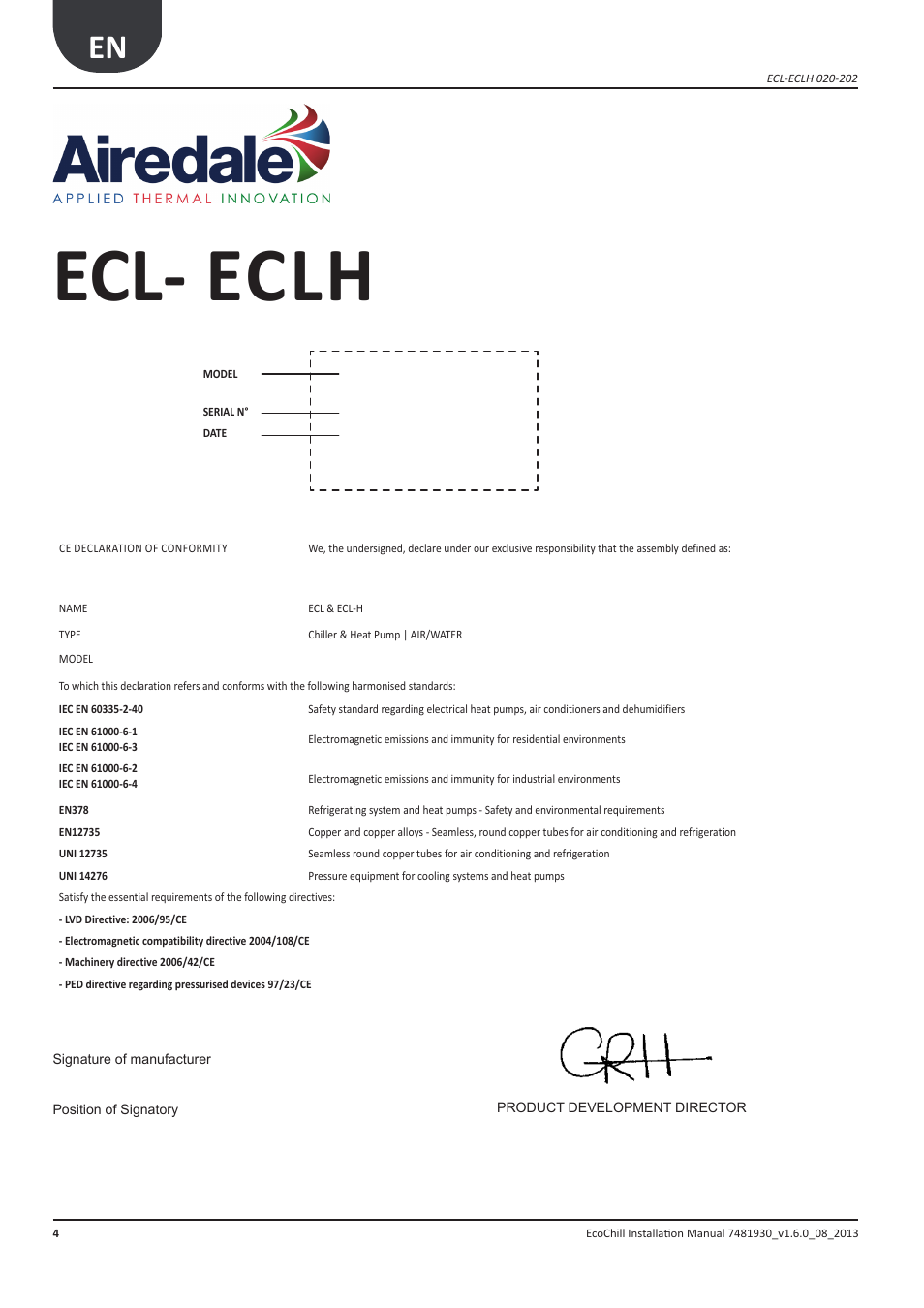 Ecl- eclh | Airedale EcoChill 6kW - 46kW User Manual | Page 4 / 88