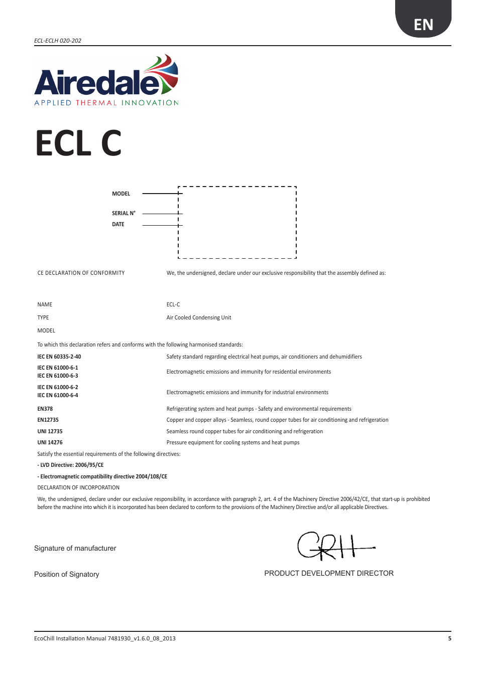 Ecl c | Airedale EcoChill 6kW - 46kW User Manual | Page 5 / 88