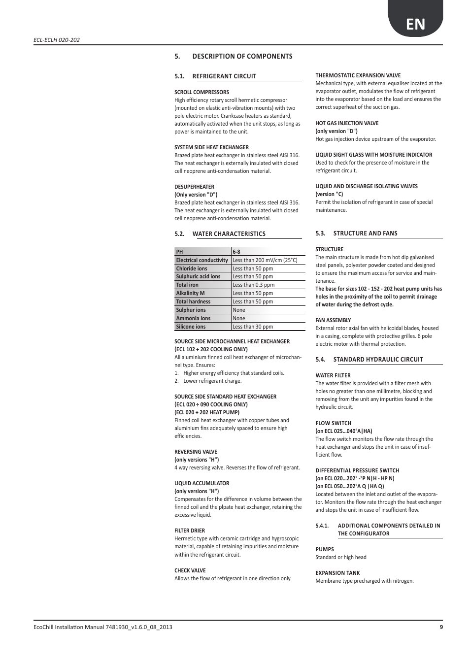 Descrizione dei componenti, Circuito frigorifero, Caratteristiche dell'acqua | Struttura e ventilatori, Circuito idraulico standard, Description of components, Refrigerant circuit, Water characteristics, Structure and fans, Standard hydraulic circuit | Airedale EcoChill 6kW - 46kW User Manual | Page 9 / 88