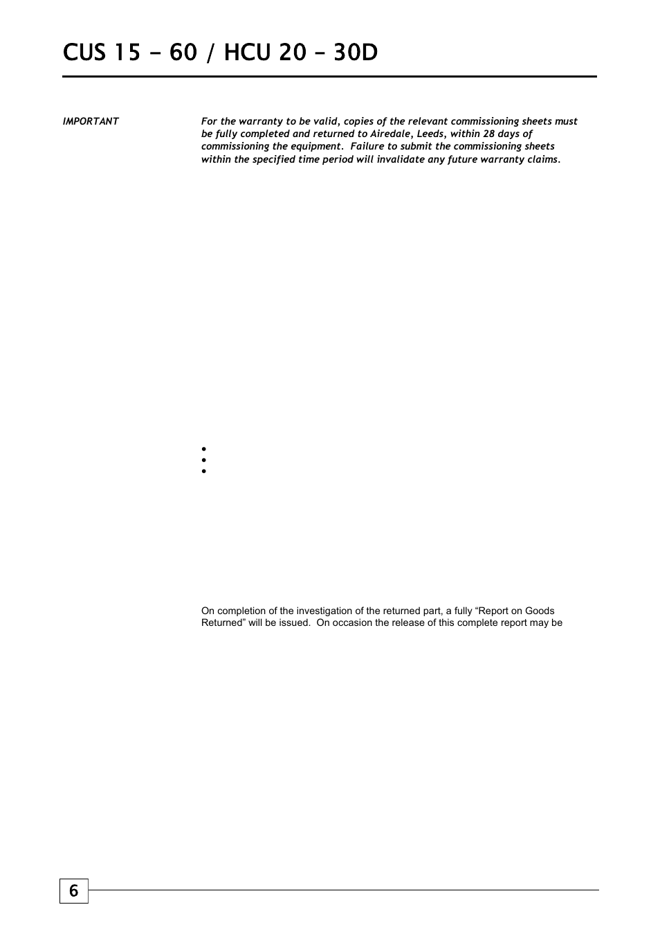 Condensing units, Warranty | Airedale Condensing Units (CU) 3kW - 80kW User Manual | Page 6 / 28