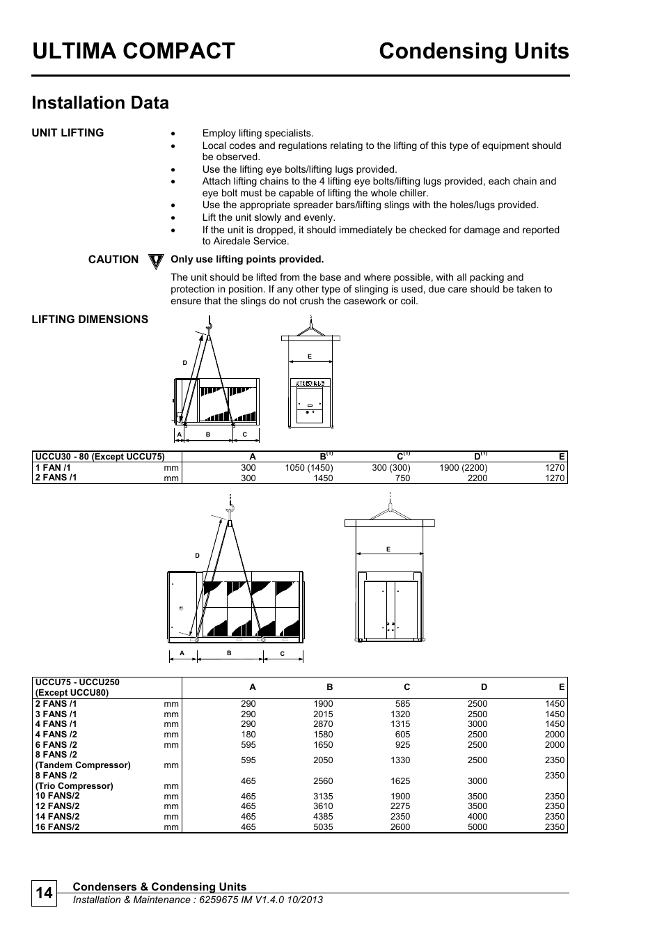 Unit lifting, Ultima compact condensing units, Installation data | Airedale Ultima Compact Condensing Unit 30kW - 450kW User Manual | Page 14 / 40