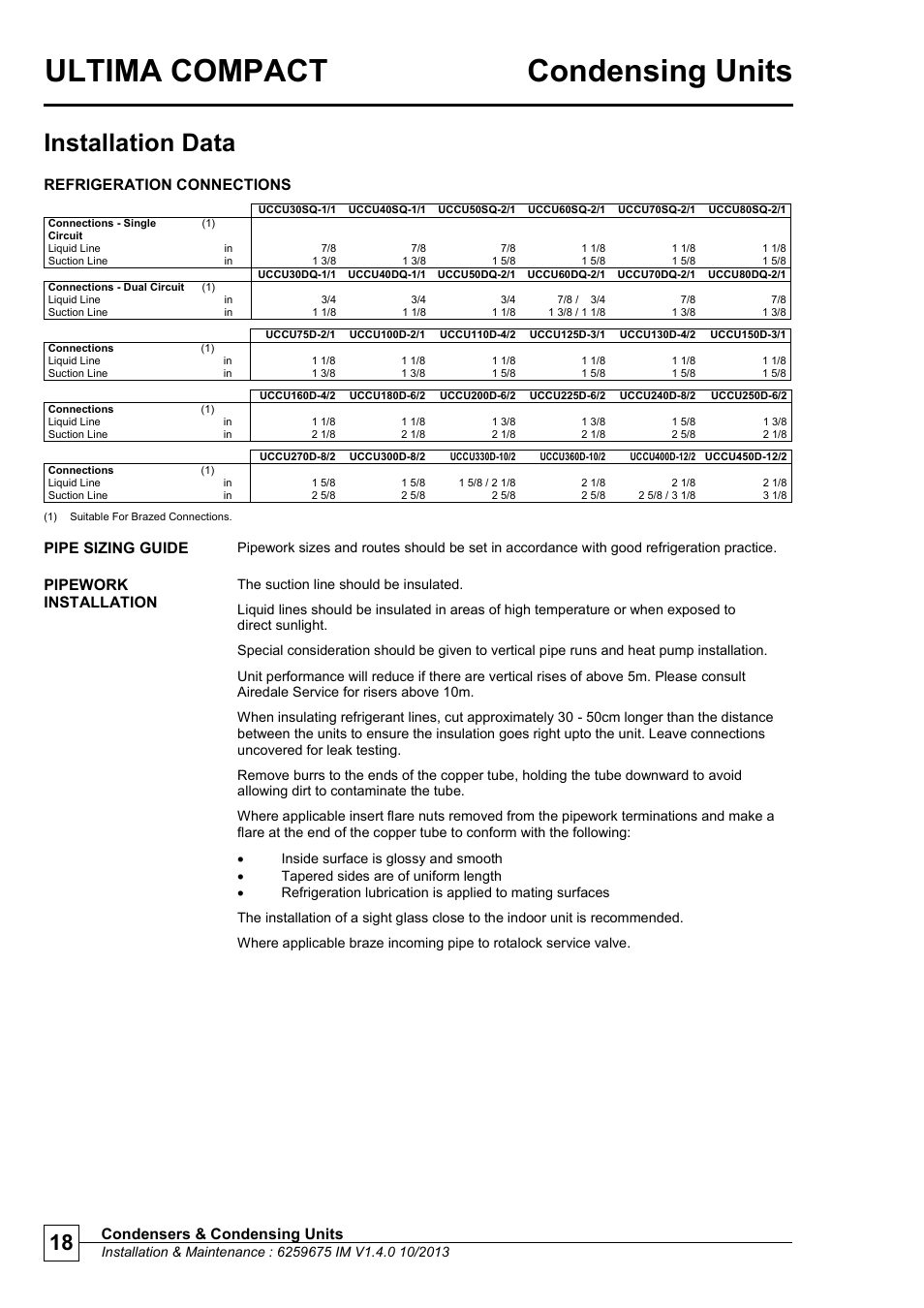 Refrigeration connections, Pipe sizing guide, Pipework installation | Ultima compact condensing units, Installation data | Airedale Ultima Compact Condensing Unit 30kW - 450kW User Manual | Page 18 / 40
