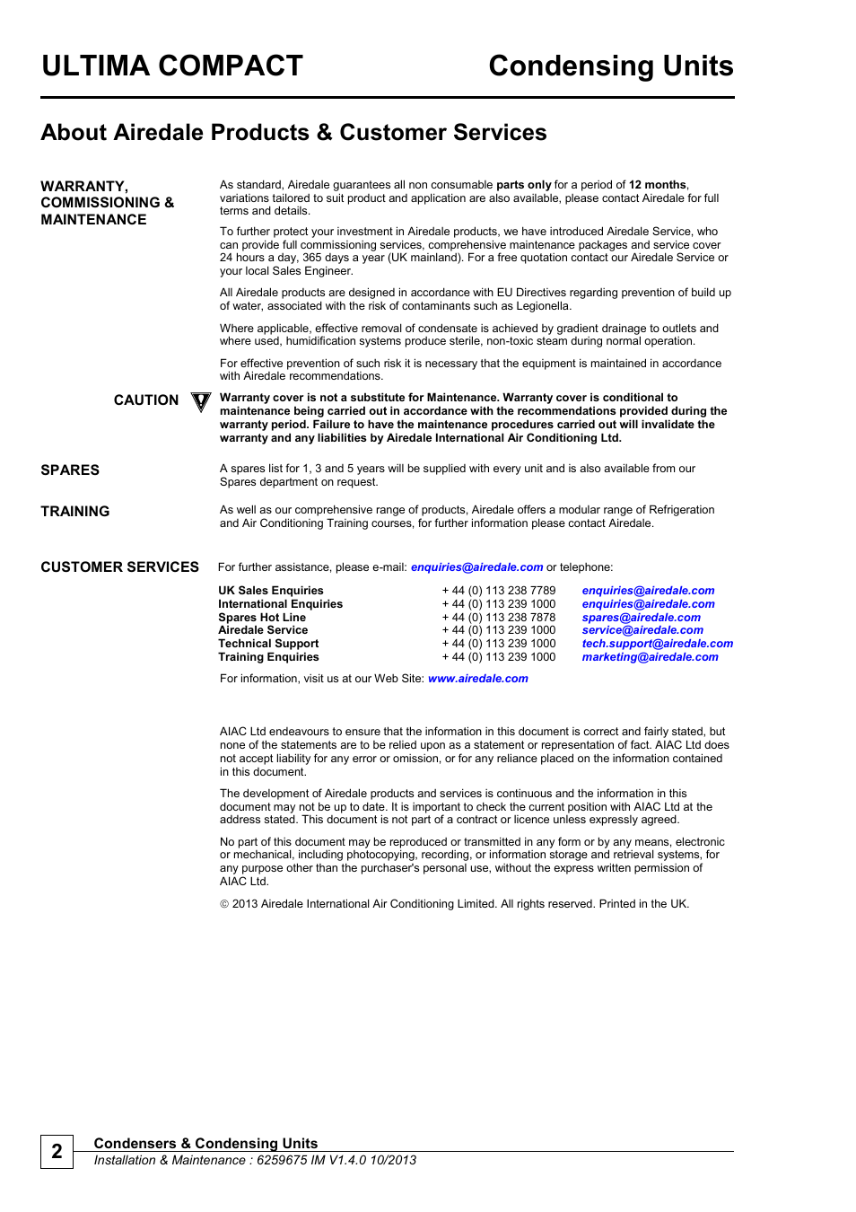 Ultima compact condensing units, About airedale products & customer services | Airedale Ultima Compact Condensing Unit 30kW - 450kW User Manual | Page 2 / 40