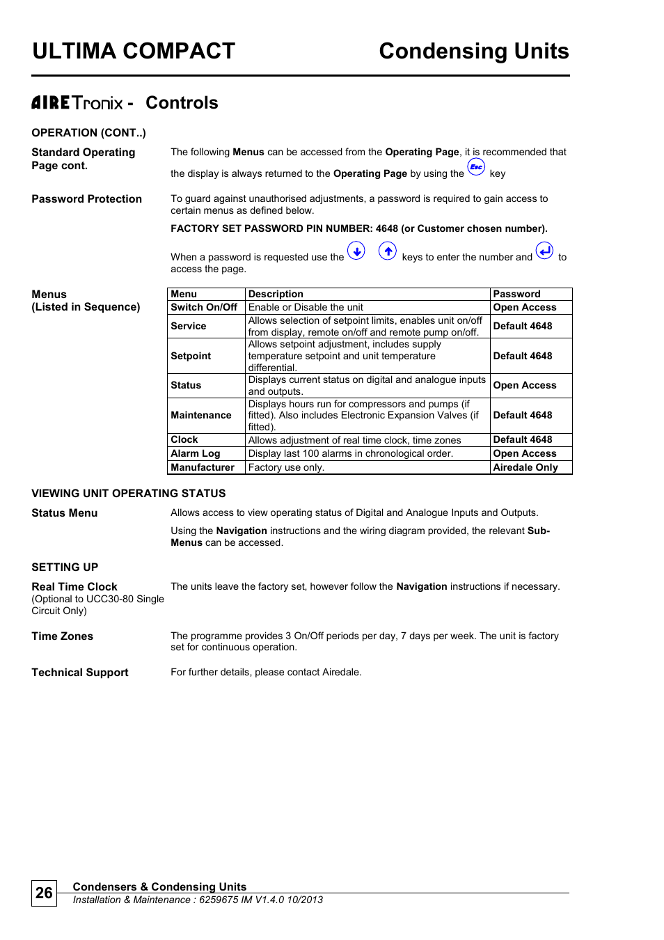 Viewing unit operating status, Setting up, Ultima compact condensing units | Controls | Airedale Ultima Compact Condensing Unit 30kW - 450kW User Manual | Page 26 / 40