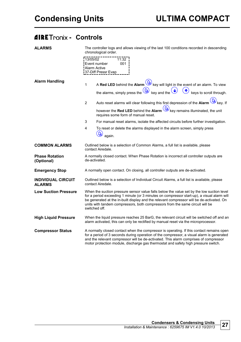Alarms, Condensing units ultima compact, Chill ers | Controls | Airedale Ultima Compact Condensing Unit 30kW - 450kW User Manual | Page 27 / 40