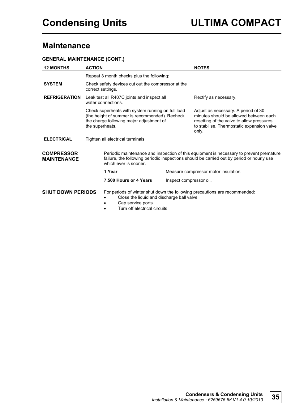 Compressor maintenance, Shut down periods, Condensing units ultima compact | Chill ers, Maintenance | Airedale Ultima Compact Condensing Unit 30kW - 450kW User Manual | Page 35 / 40