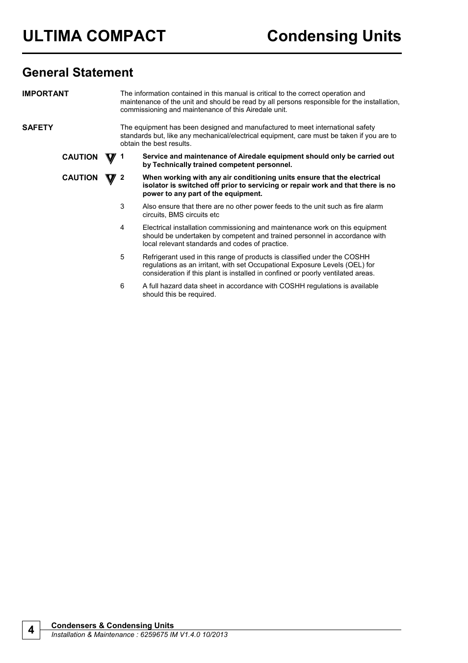 General statement, Ultima compact condensing units | Airedale Ultima Compact Condensing Unit 30kW - 450kW User Manual | Page 4 / 40