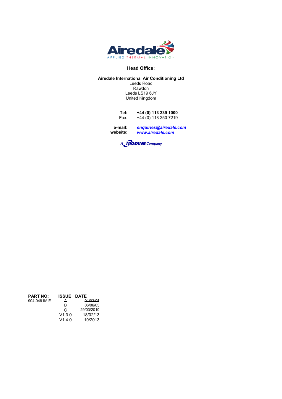 Airedale Ultima Compact Condensing Unit 30kW - 450kW User Manual | Page 40 / 40