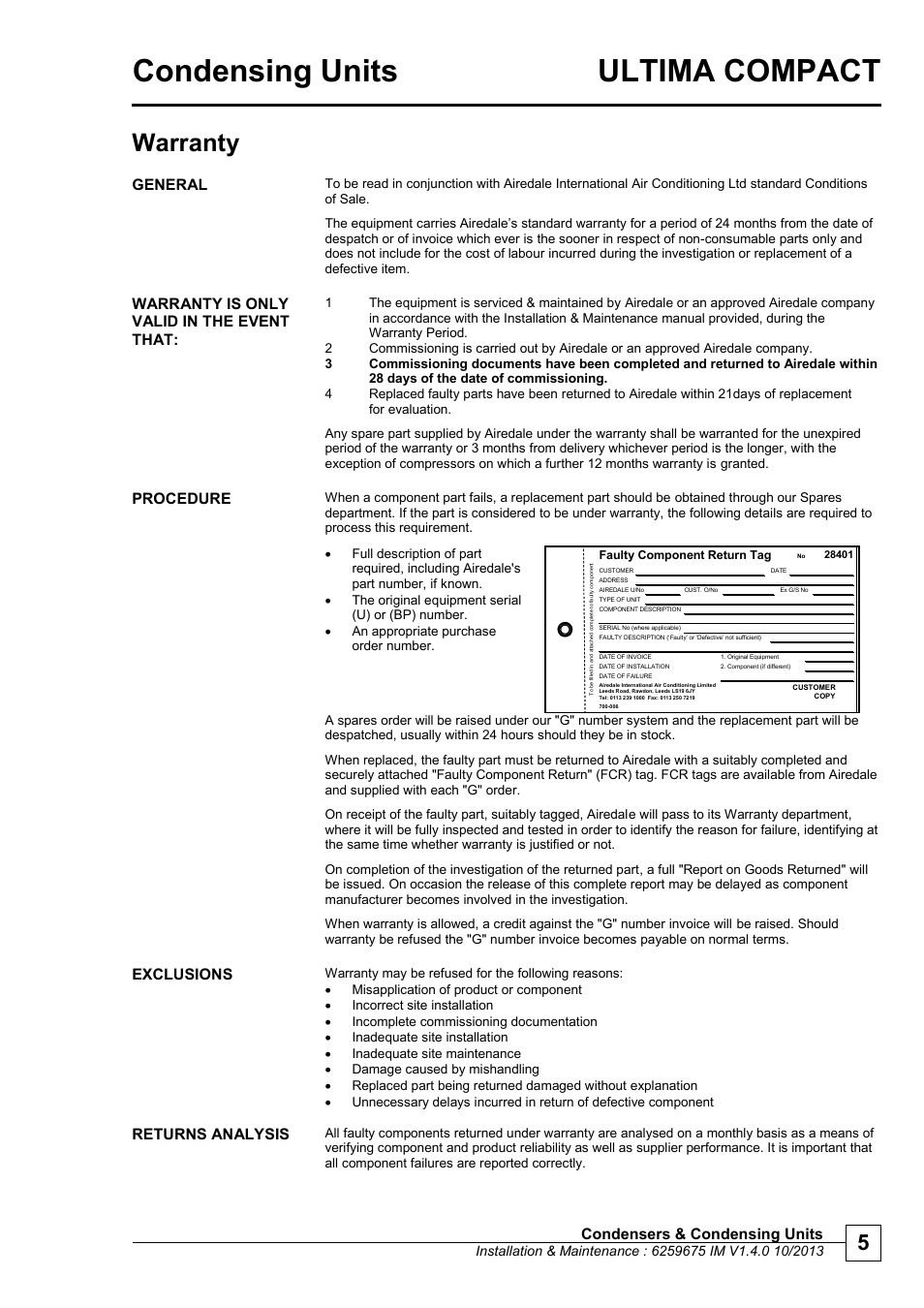 Warranty, Condensing units ultima compact, Condensers & condensing units | General, Warranty is only valid in the event that, Procedure, Exclusions, Returns analysis | Airedale Ultima Compact Condensing Unit 30kW - 450kW User Manual | Page 5 / 40