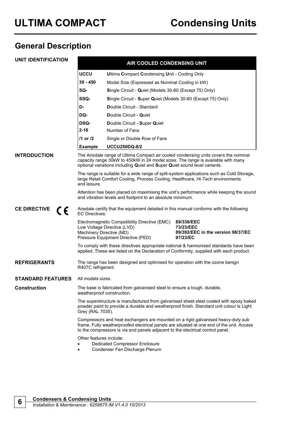 General description, Unit identification, Introduction | Standard features, Ultima compact condensing units | Airedale Ultima Compact Condensing Unit 30kW - 450kW User Manual | Page 6 / 40