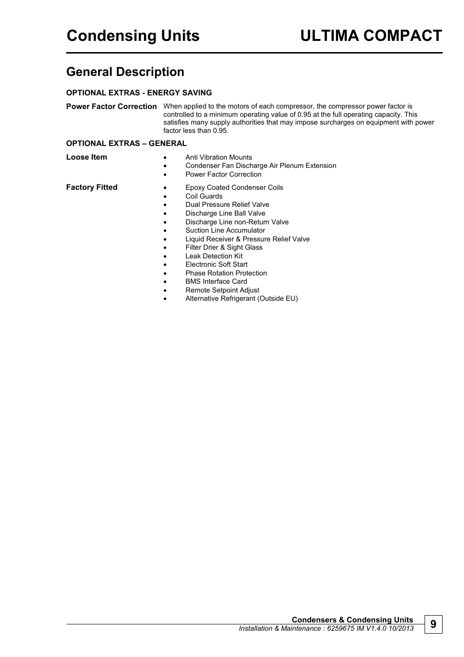 Optional extras - energy saving, Optional extras – general, Condensing units ultima compact | Chill ers, General description | Airedale Ultima Compact Condensing Unit 30kW - 450kW User Manual | Page 9 / 40