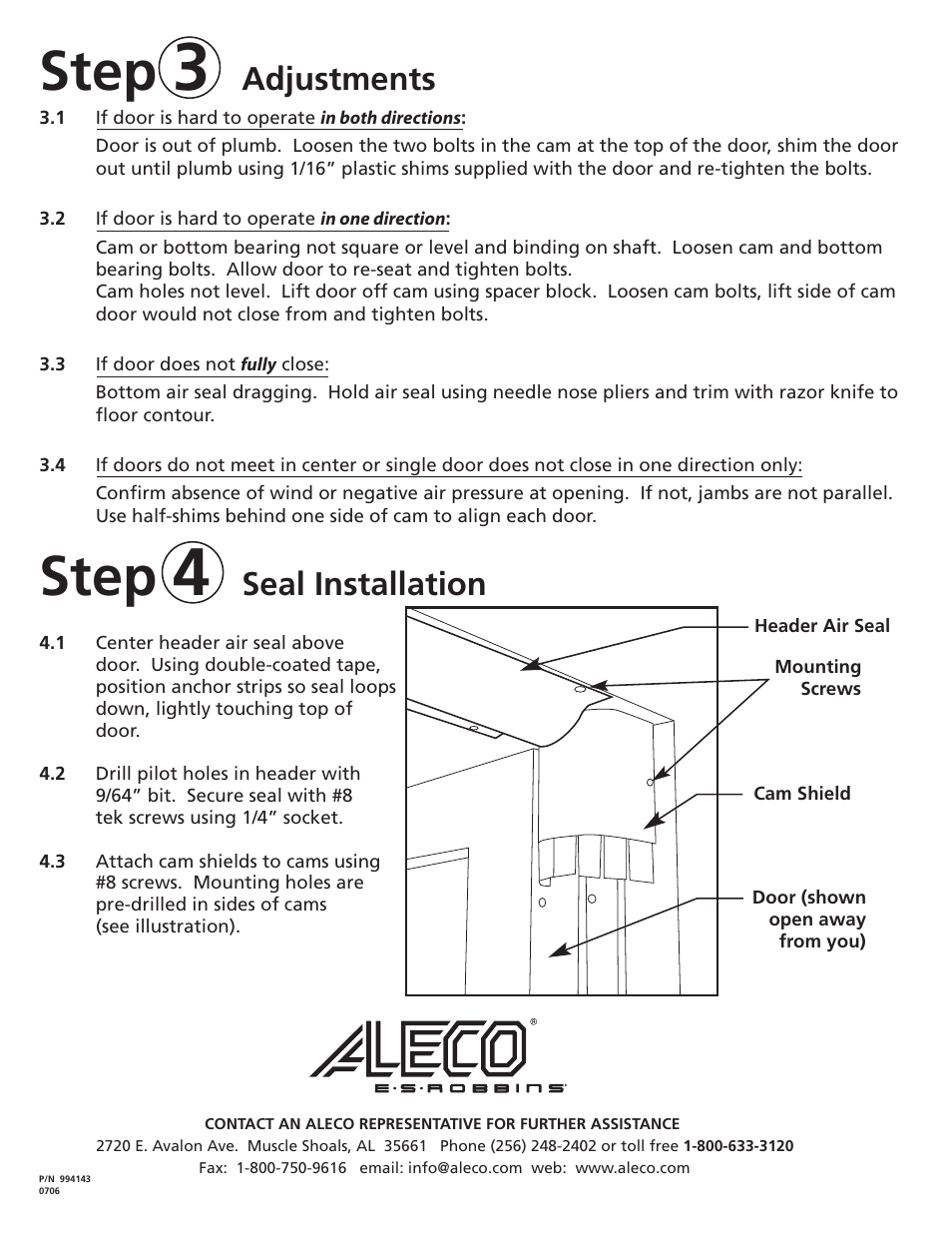 Step, Adjustments, Seal installation | Aleco Steel-Lite User Manual | Page 4 / 5