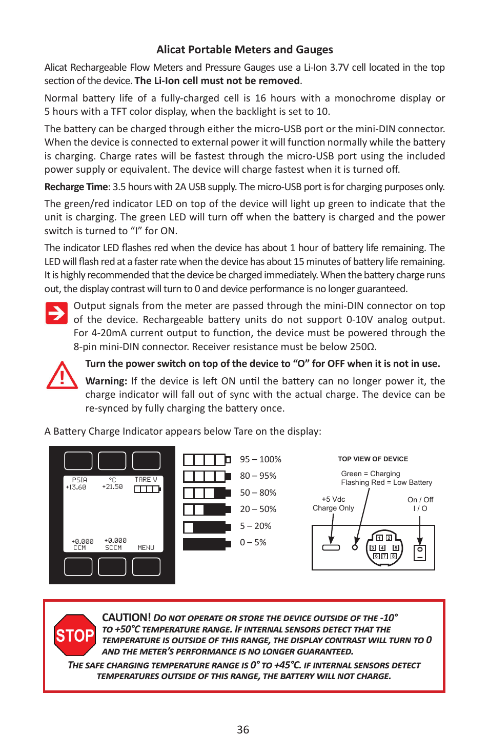 36 alicat portable meters and gauges, Caution | Alicat M Series Mass Flow Meter User Manual | Page 36 / 74