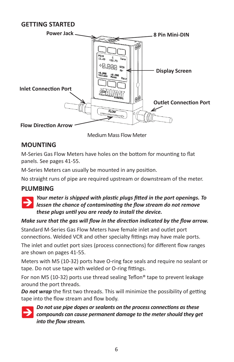 Getting started, Mounting, Plumbing | Alicat M Series Mass Flow Meter User Manual | Page 6 / 74