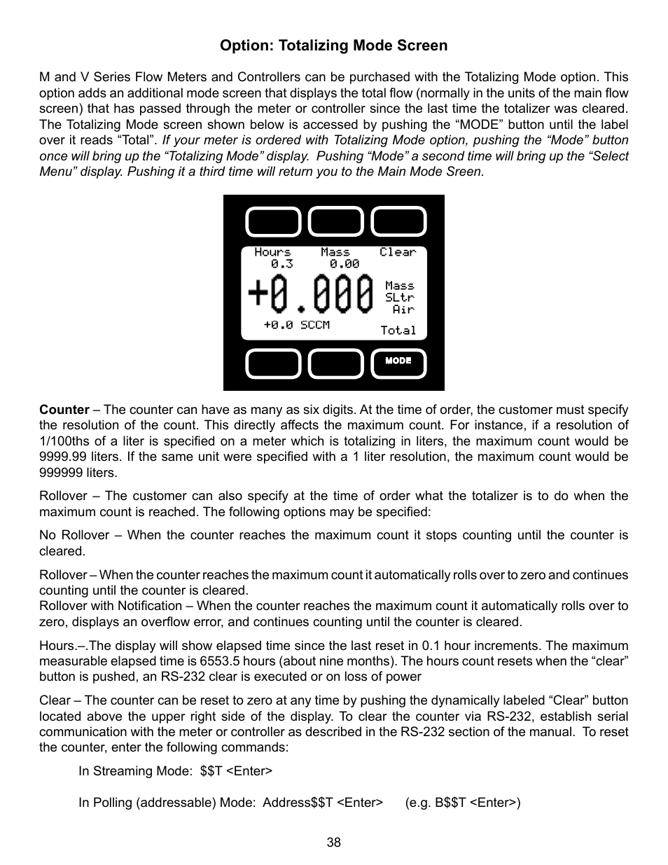 Option: totalizing mode screen | Alicat V Series Volumetric Flow Meter User Manual | Page 40 / 48