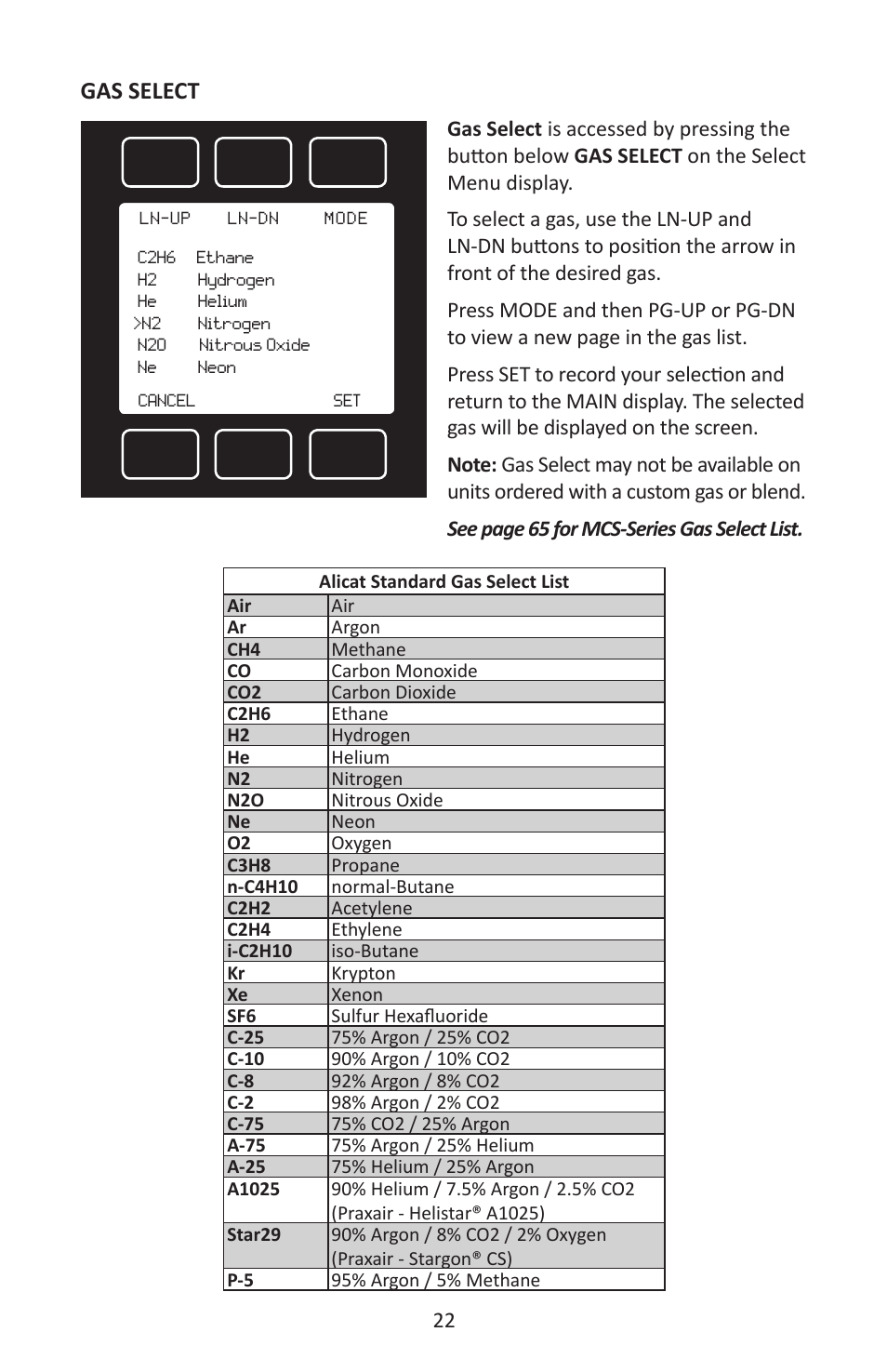 Gas select | Alicat MC Series Mass Flow Controller User Manual | Page 22 / 88