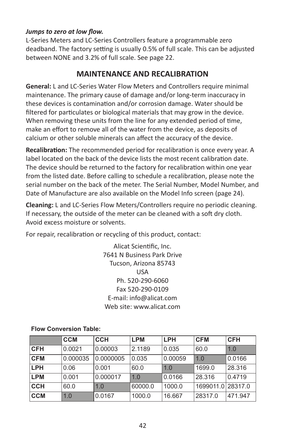 Maintenance and recalibration | Alicat LC Series Liquid Flow Controller User Manual | Page 42 / 72
