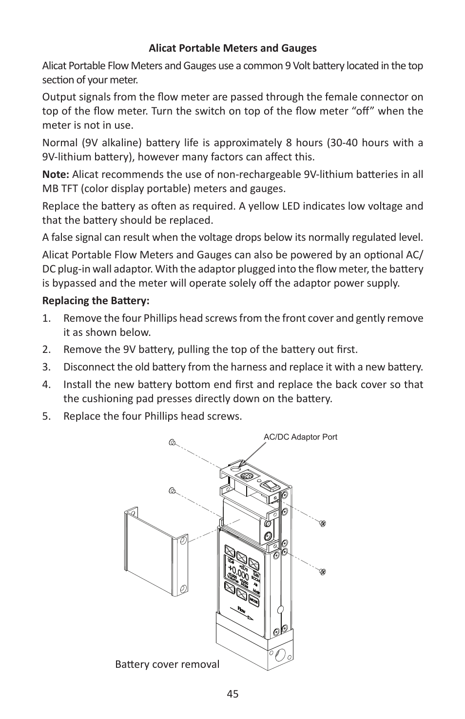 Battery cover removal, Ac/dc adaptor port, Alicat scientific, inc | Alicat LC Series Liquid Flow Controller User Manual | Page 45 / 72