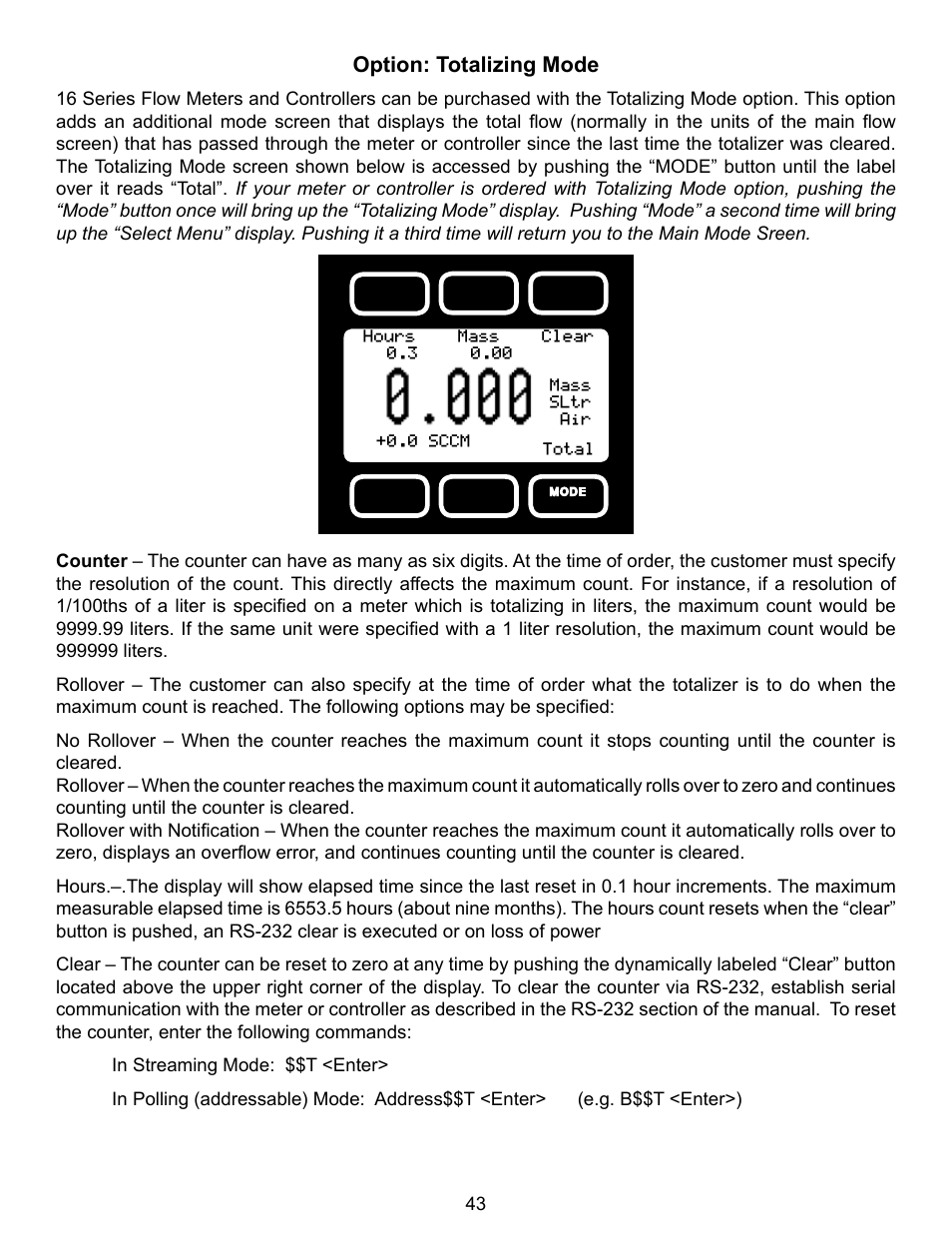 Option: totalizing mode | Alicat VC Series Volumetric Flow Controller User Manual | Page 43 / 50