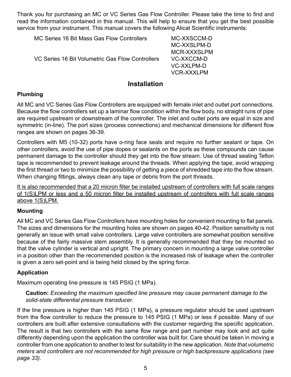 Alicat VC Series Volumetric Flow Controller User Manual | Page 5 / 50