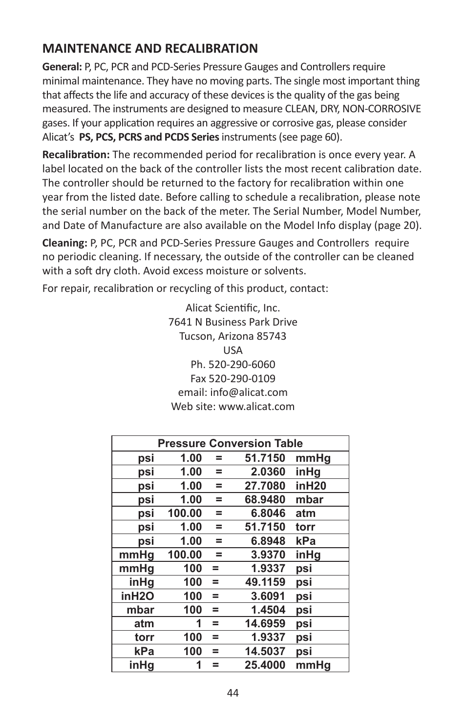 Maintenance and recalibration | Alicat P Series Pressure Gauge User Manual | Page 44 / 88