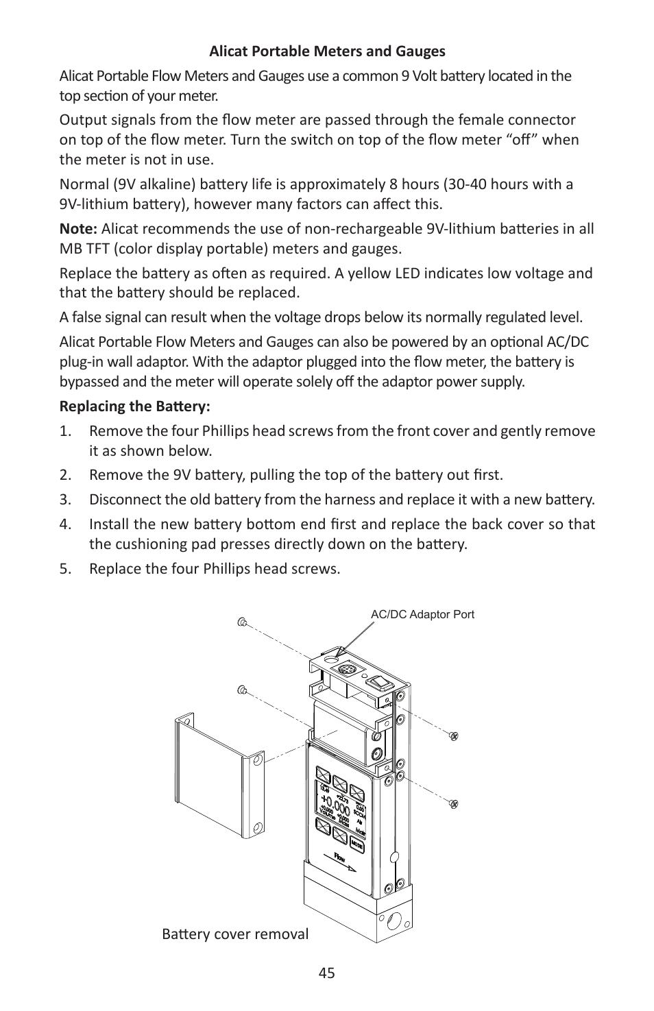 Battery cover removal, Ac/dc adaptor port, Alicat scientific, inc | Alicat P Series Pressure Gauge User Manual | Page 45 / 88