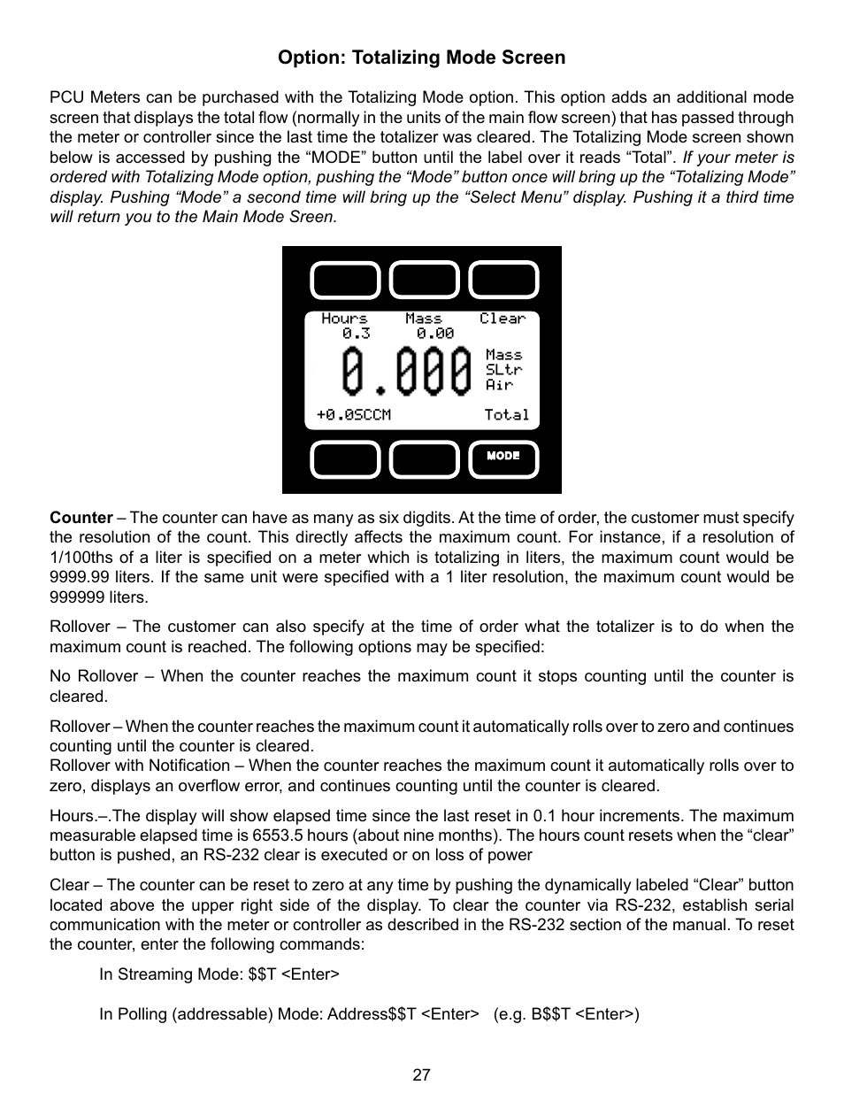 Option: totalizing mode screen | Alicat PCU Portable Calibration Unit User Manual | Page 27 / 27