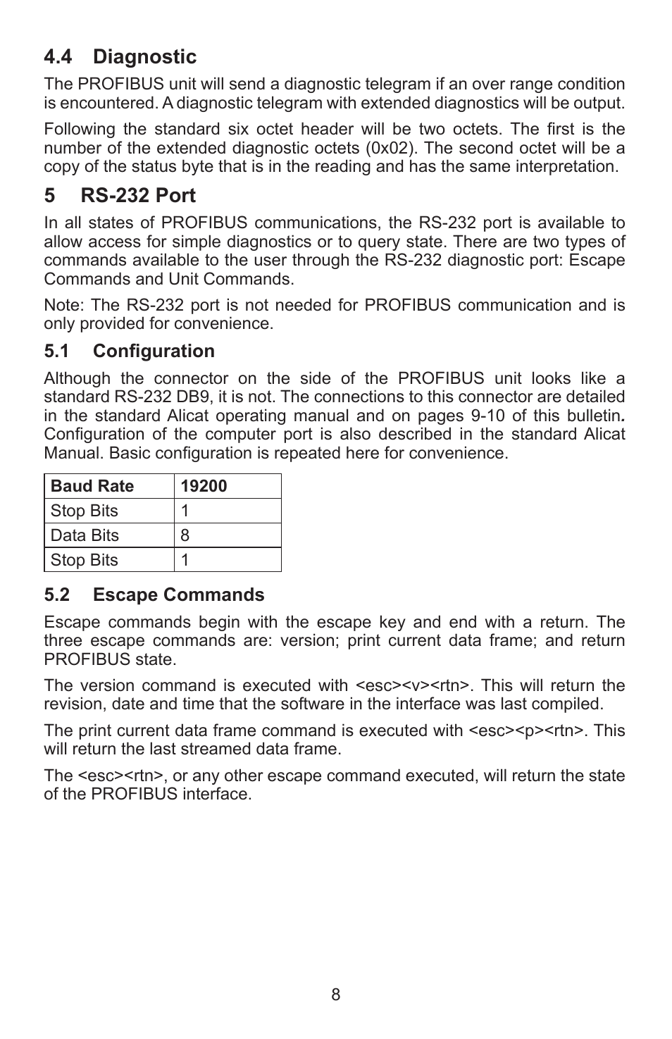 4 diagnostic, 5 rs-232 port | Alicat PROFIBUS User Manual | Page 8 / 12
