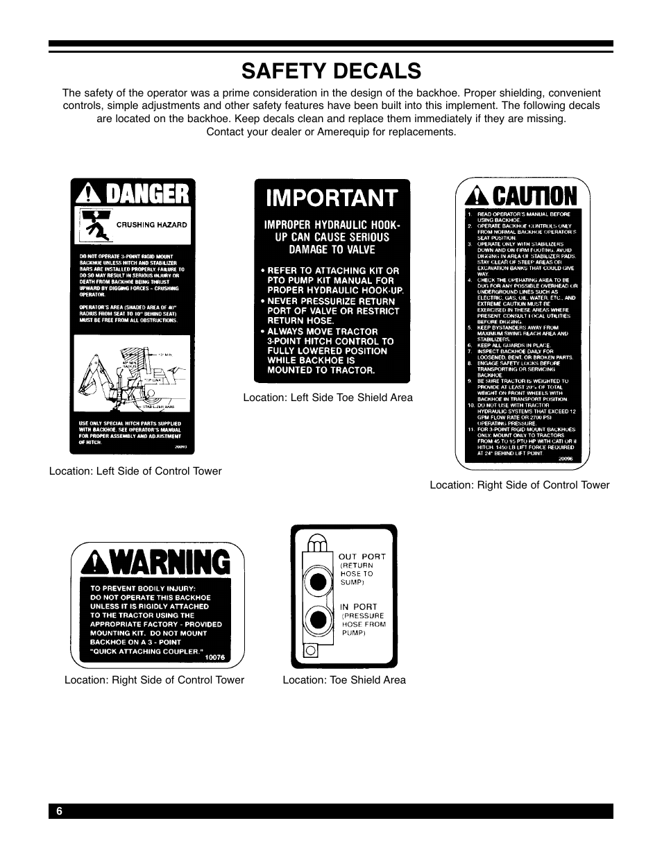 Safety decals | Amerequip 8600 Backhoe User Manual | Page 5 / 55