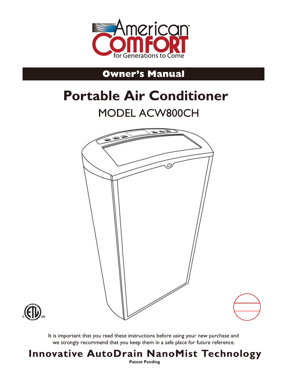 American Comfort ACW800CH User Manual | 15 pages