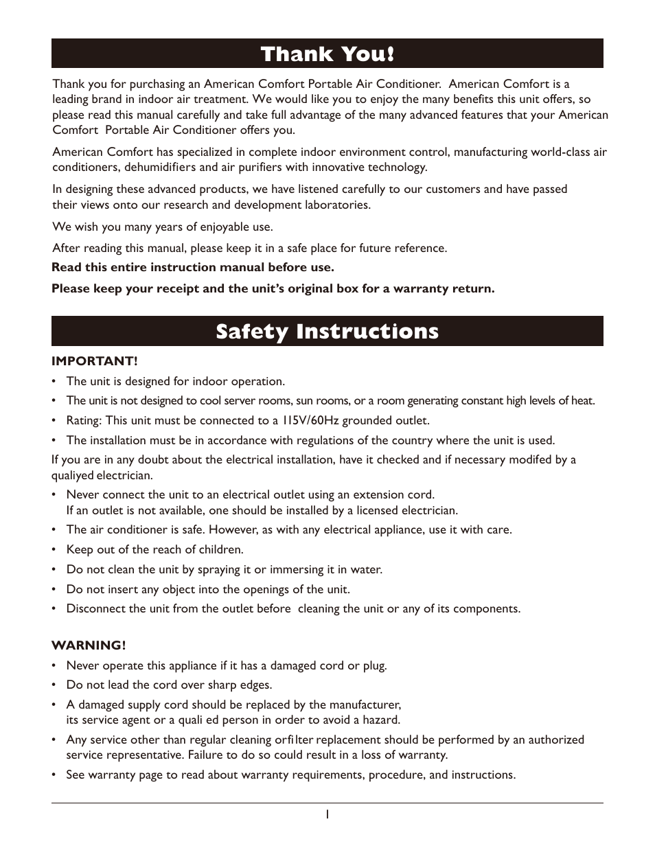 Safety instructions | American Comfort ACW613B User Manual | Page 3 / 15