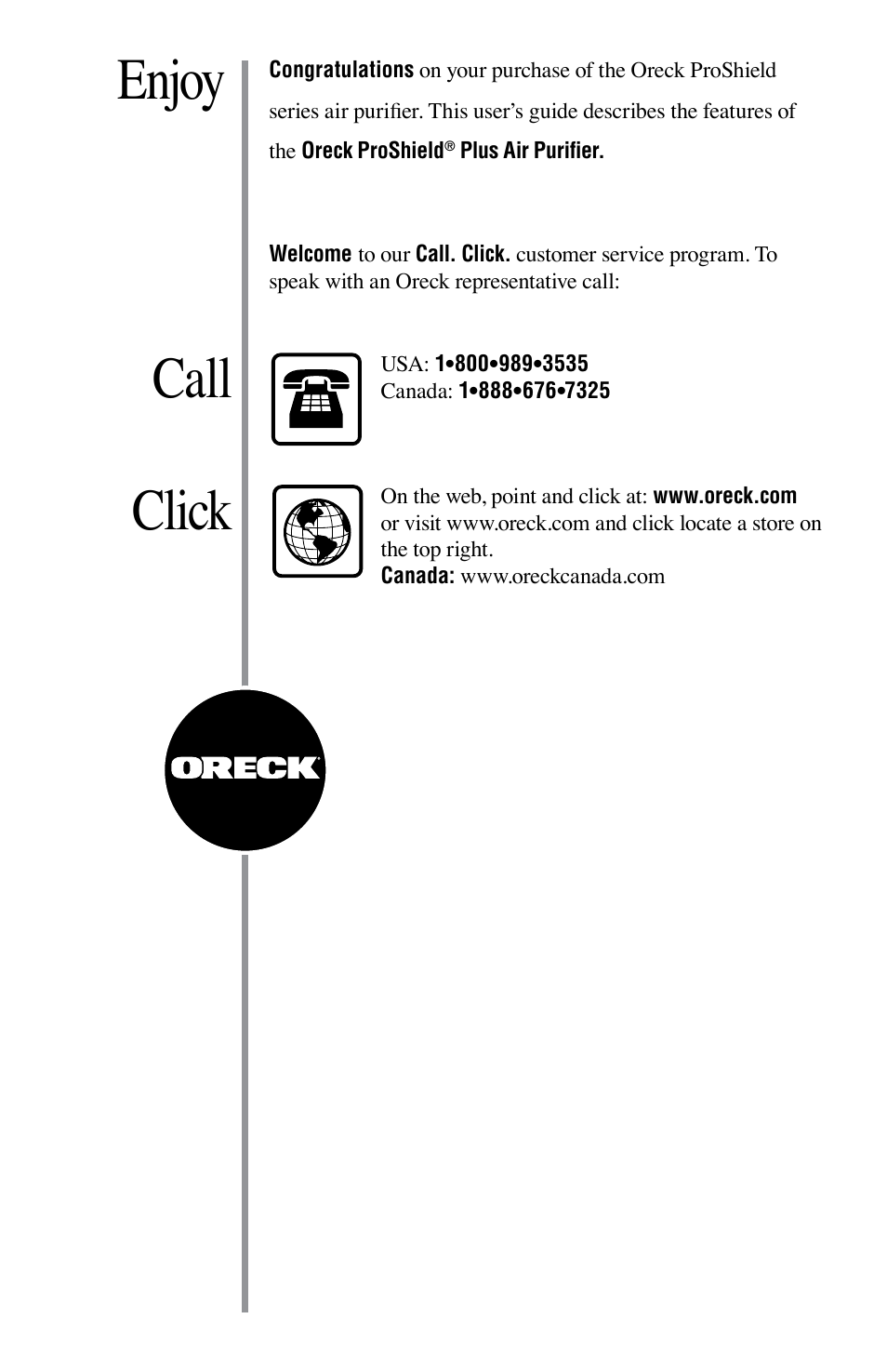 Enjoy click call, Other oreck accessories available at | American Comfort AIR12GU User Manual | Page 2 / 48