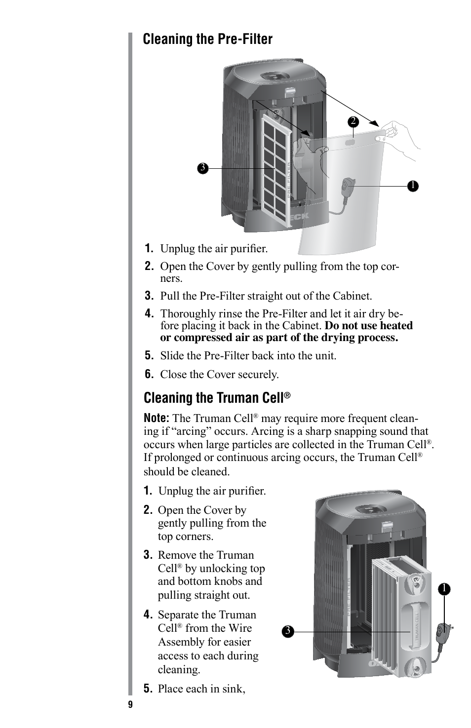 Cleaning the truman cell, Cleaning the pre-filter | American Comfort AIR16 User Manual | Page 10 / 48