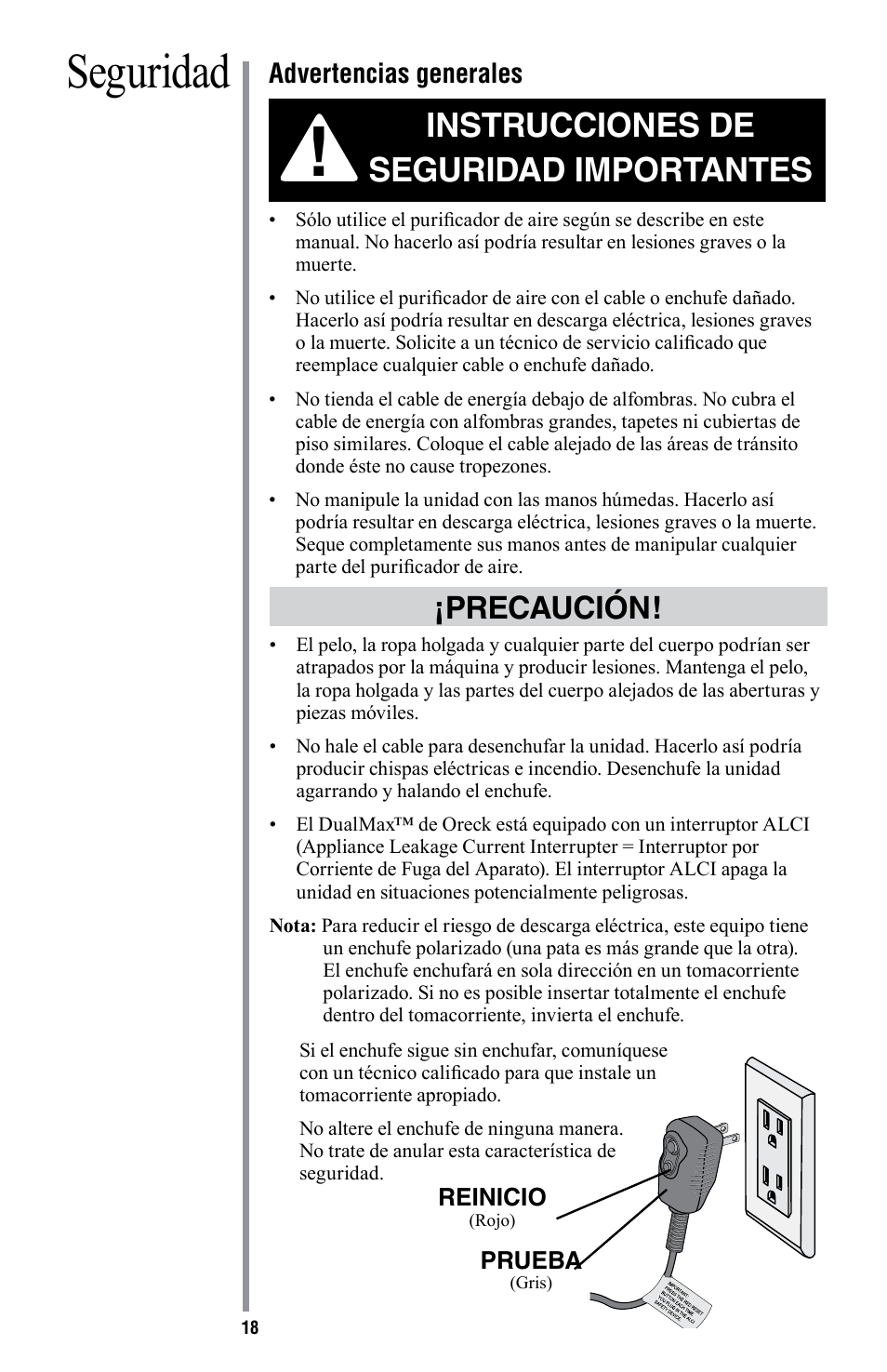 Seguridad, Instrucciones de seguridad importantes, Precaución | Advertencias generales | American Comfort AIR16 User Manual | Page 19 / 48