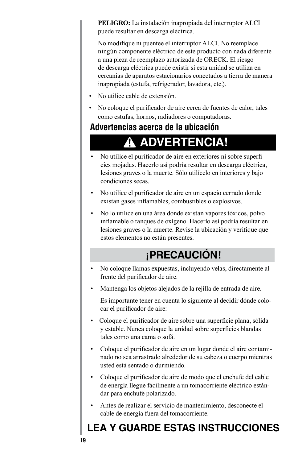 Advertencia, Precaución, Lea y guarde estas instrucciones | Advertencias acerca de la ubicación | American Comfort AIR16 User Manual | Page 20 / 48