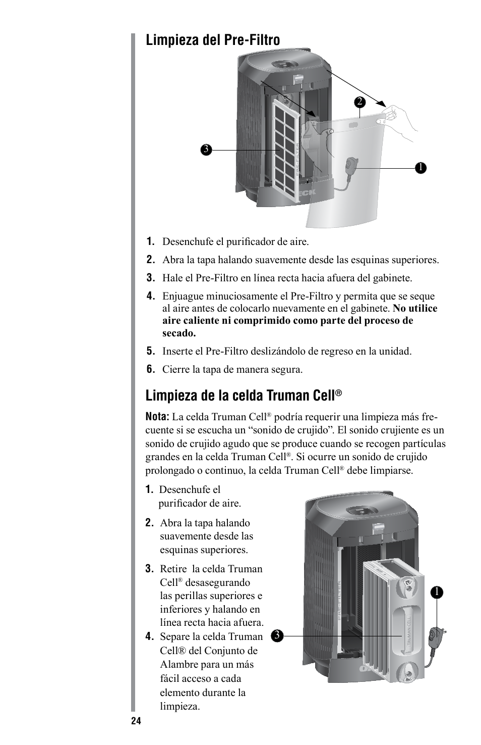 Limpieza de la celda truman cell, Limpieza del pre-filtro | American Comfort AIR16 User Manual | Page 25 / 48