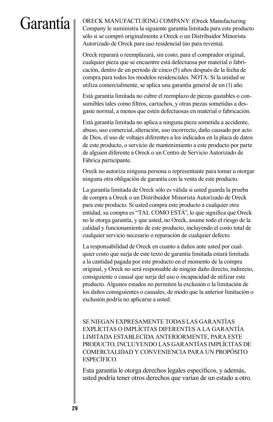 Garantía | American Comfort AIR16 User Manual | Page 30 / 48