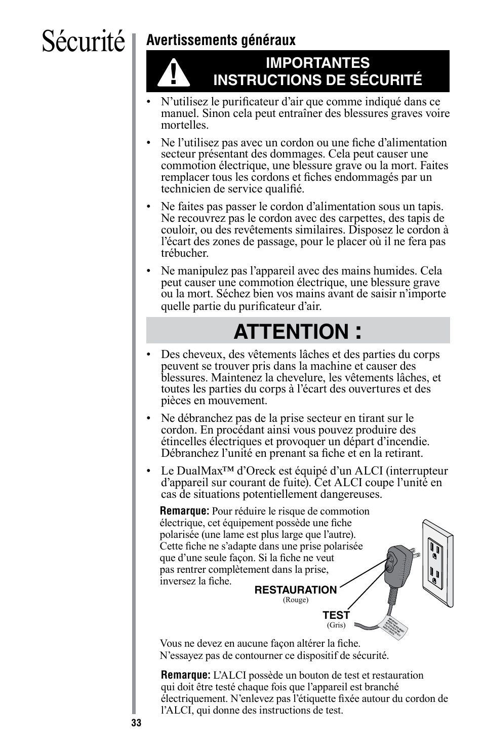 Sécurité, Attention | American Comfort AIR16 User Manual | Page 34 / 48