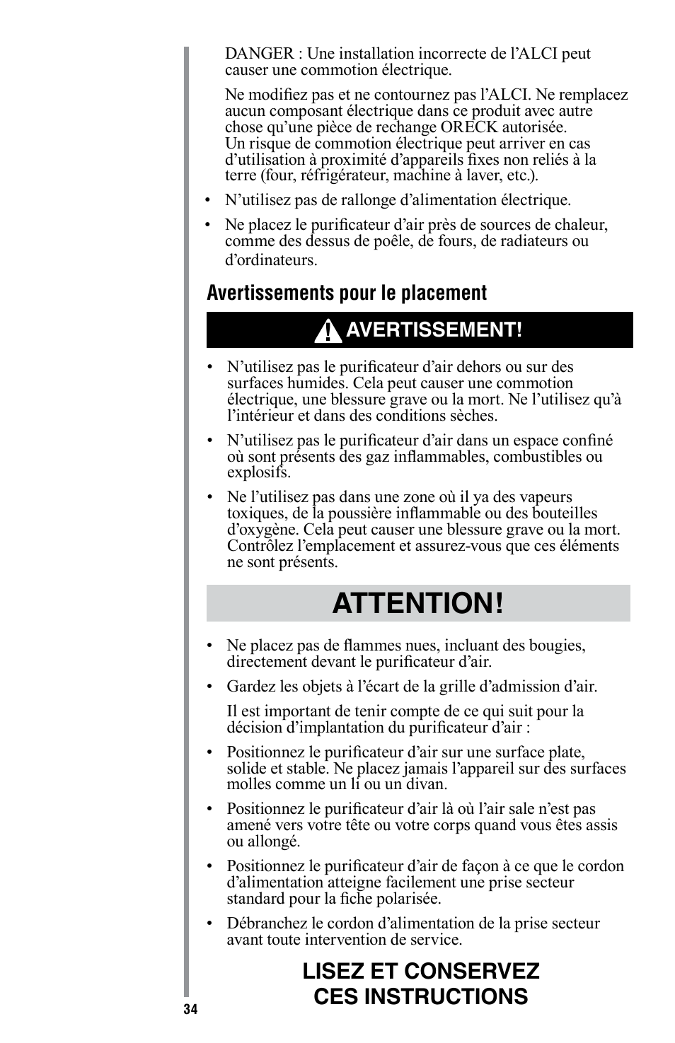 Attention, Lisez et conservez ces instructions | American Comfort AIR16 User Manual | Page 35 / 48