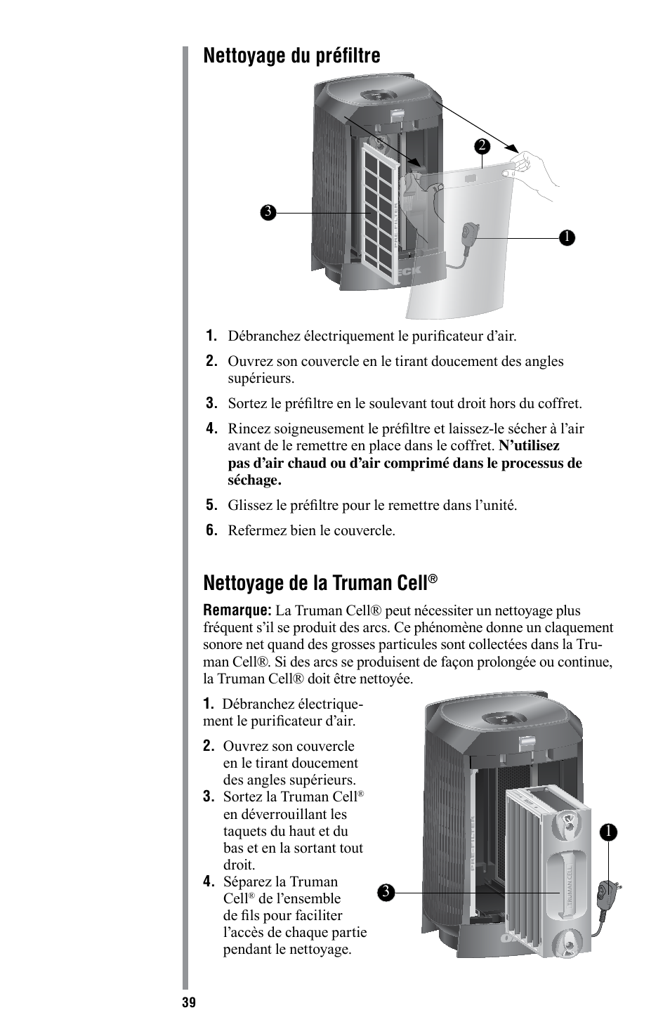 Nettoyage de la truman cell, Nettoyage du préfiltre | American Comfort AIR16 User Manual | Page 40 / 48