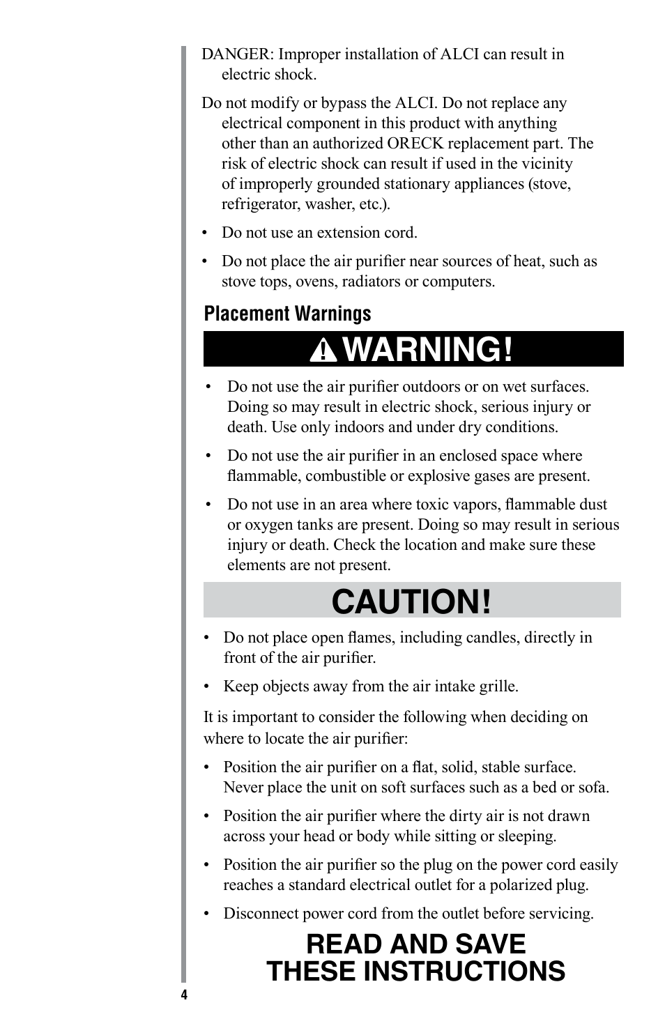 Warning, Caution, Read and save these instructions | American Comfort AIR16 User Manual | Page 5 / 48