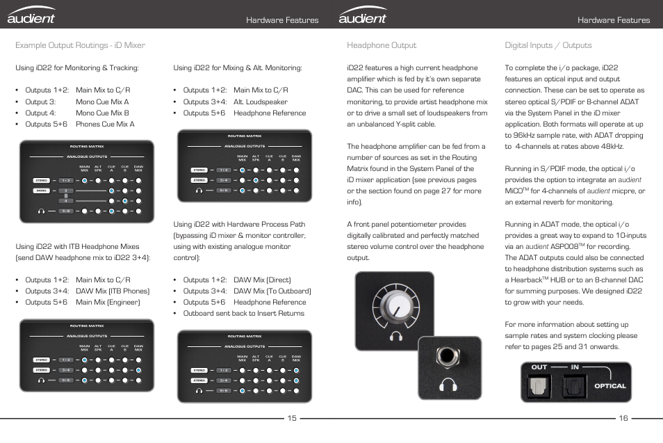 Headphone, Output, Digital inputs / outputs | Hardware features headphone output | Audient iD22 User Manual | Page 10 / 25