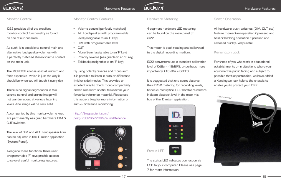 Monitor control section, Switch, Operation | Metering & kensington lock | Audient iD22 User Manual | Page 11 / 25