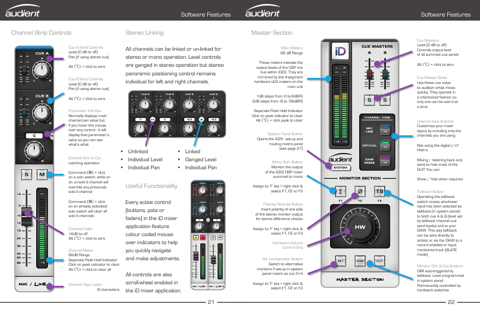 Channel strip features, Stereo, Linking | Master section features, Software features stereo linking, Useful functionality, Channel strip controls | Audient iD22 User Manual | Page 13 / 25