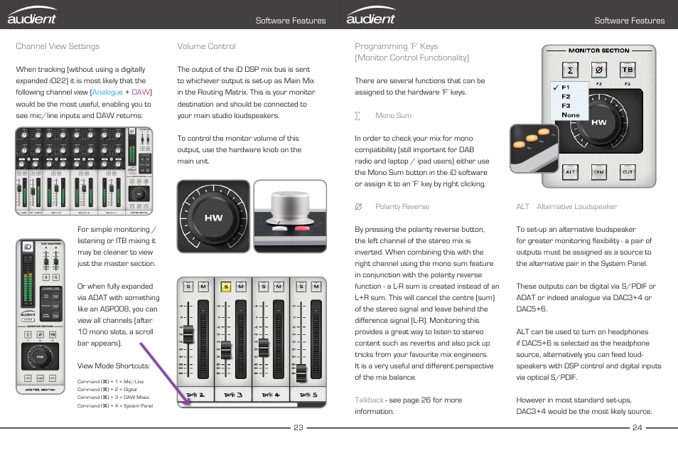 Channel, Views, Volume | Control, Programming f keys, Channel view settings, Volume control, Software features | Audient iD22 User Manual | Page 14 / 25