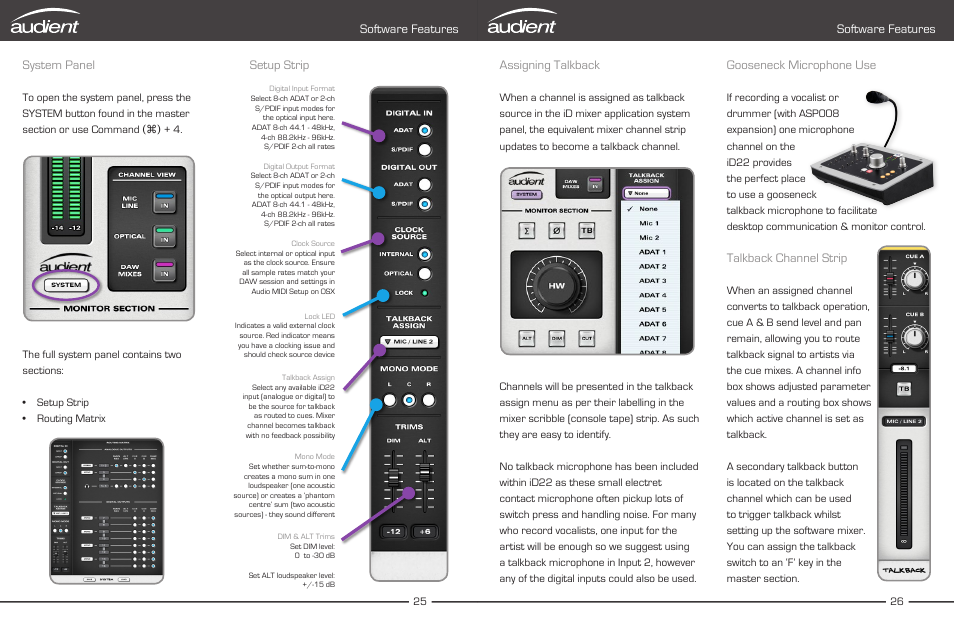 System panel - settings module, Digital i/o formats, Clock source & lock | Talkback, Assign, Mono monitoring modes, Dim & alt. speaker trims, Setting up & using talkback, System panel, Setup strip software features | Audient iD22 User Manual | Page 15 / 25